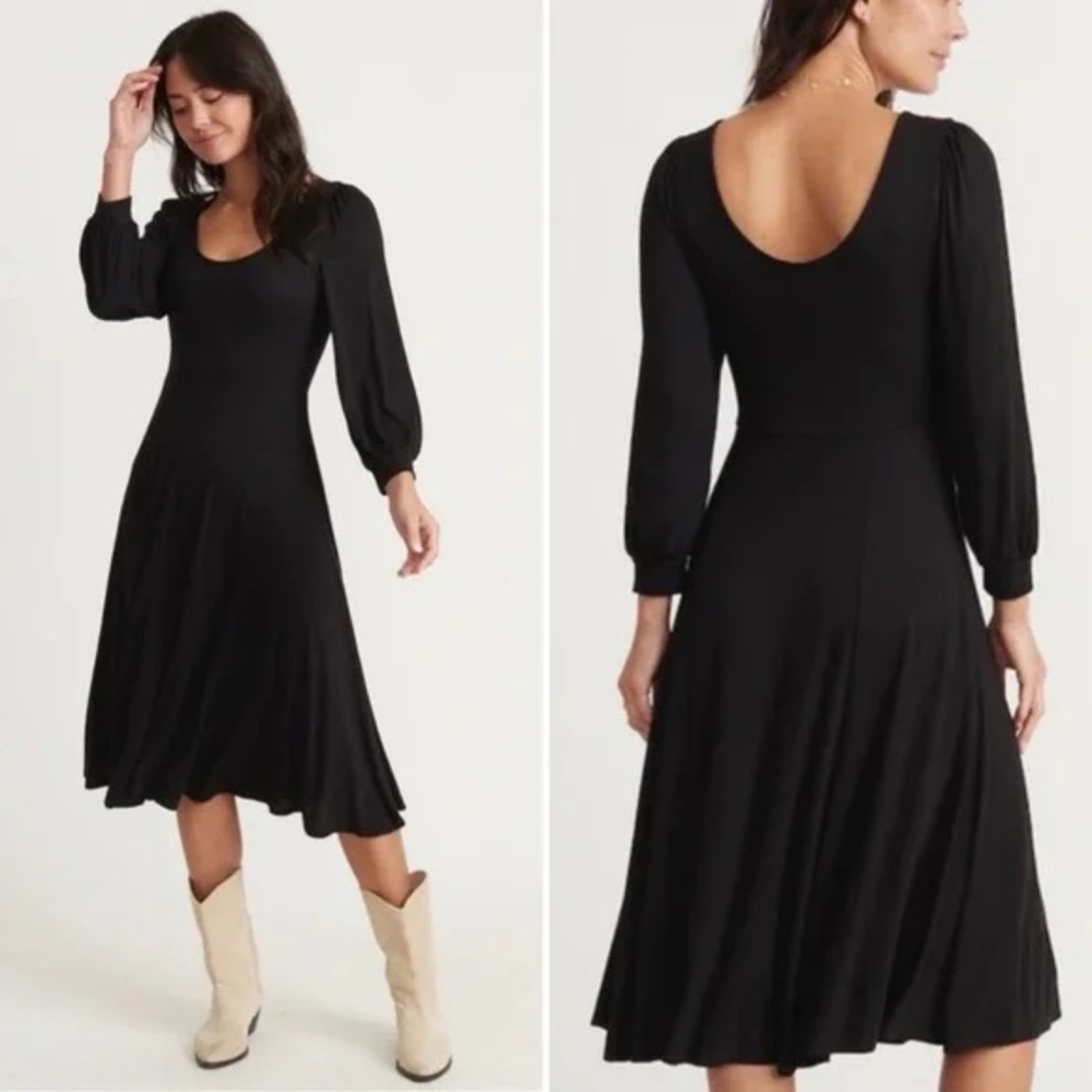 Marine Layer Women's Lexi Rib Long Sleeve Midi Fit/Flare Dress in Black Size L